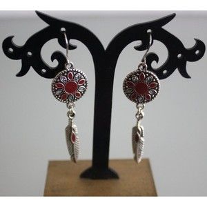 Boho Feather Circle Dangle  Earrings Women's Fashion Jewelry Crystals Silver NWT